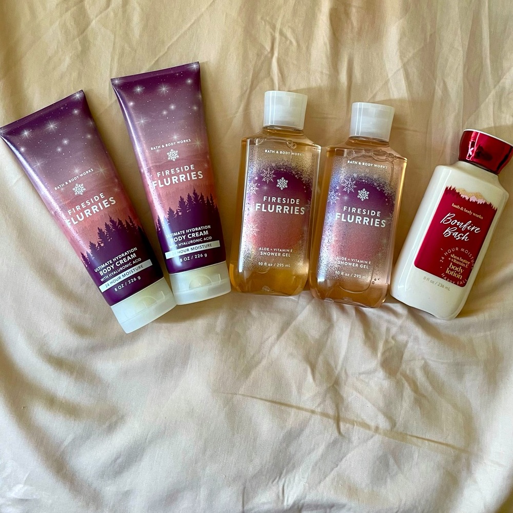 Bath & Body Works Fireside Flurries and Bonfire Bash cream, shower gel, & lotion